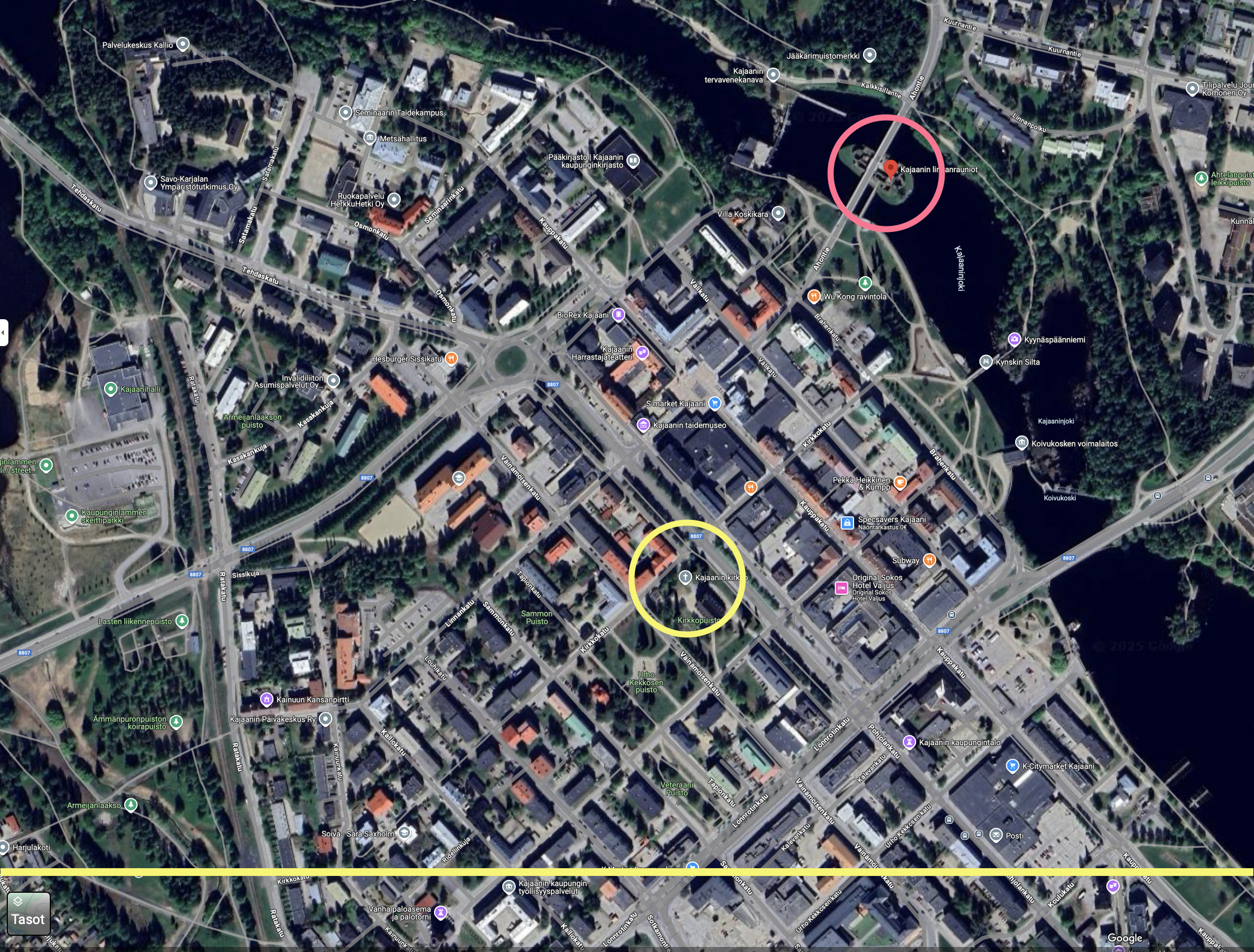 Map view of Kajaani with Planman’s latitude line (difference highlighted)